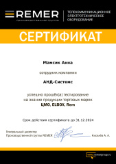 Анна Мамсик - сертифицированный специалист продукции Remer марок Rem, Elbox, ЦМО 2024