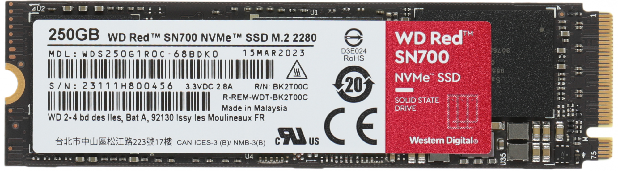 Диск SSD WD Red SN700 M.2 2280 250 ГБ PCIe 3.0 NVMe x4, WDS250G1R0C