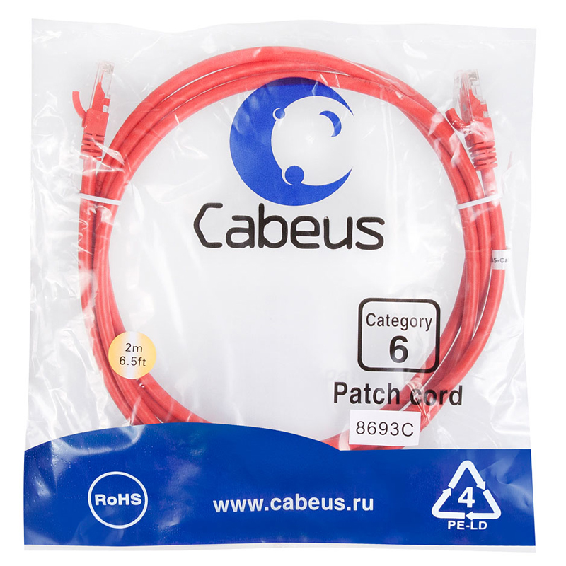Патч-корд Cabeus UTP кат. 6 Красный 2 м, PC-UTP-RJ45-Cat.6-2m-RD