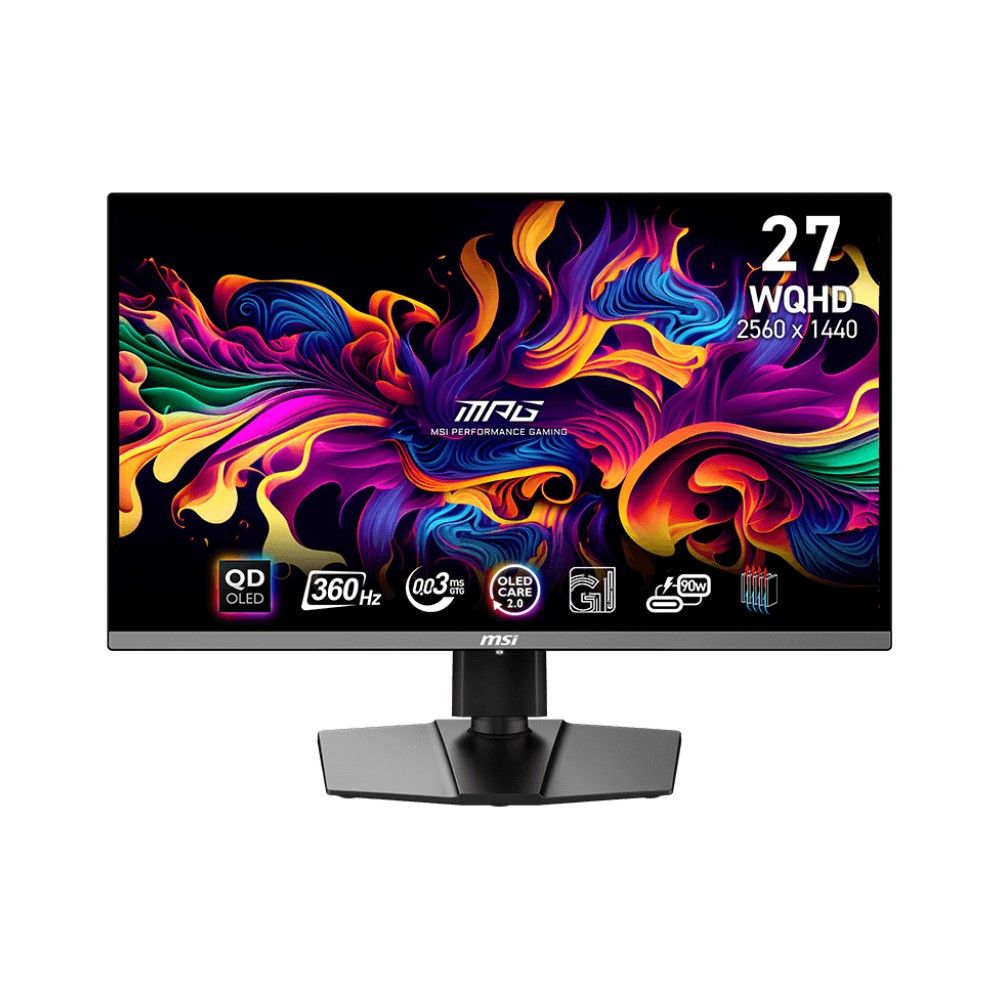 Фото-1 Игровой монитор MSI MPG 271QRX QD‑OLED, вид спереди: на экране абстрактная графика и маркировка &laquo;27 WQHD 2560&times;1440&raquo;, снизу пиктограммы QD‑OLED, 360 Hz и 0.03 ms; чёрный корпус с тонкими рамками и центральная стойка на широком основании &mdash; показаны внешний вид и обозначения на изображении.