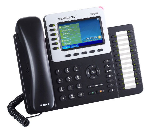 Фото-1 IP-телефон Grandstream GXP 2160, чёрный, вид спереди слева под углом; на фото показаны трубка, цветной экран, клавиши линий по бокам дисплея, цифровая клавиатура, навигационный блок и панель дополнительных кнопок справа; изображение важно для страницы товара, так как показывает компоновку многокнопочного настольного SIP-телефона.