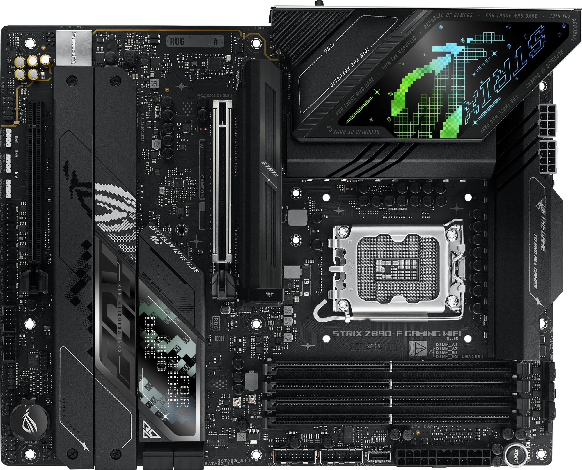 Фото-1 Материнская плата ASUS ROG Strix Z890-F Gaming WiFi &mdash; вид сверху: сокет LGA1851, четыре слота DDR5, массивные чёрные радиаторы и кожухи, декоративный экран/панель с надписью STRIX и зона M.2 под длинным кожухом; показывает компоновку и охлаждение на странице товара.