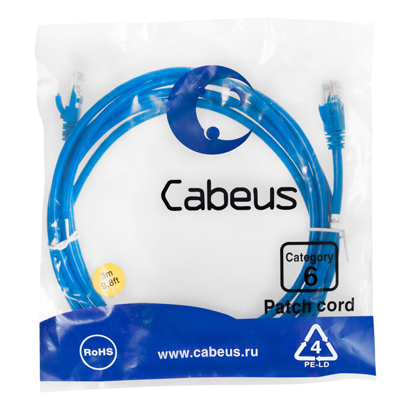 Патч-корд Cabeus UTP кат. 6 Синий 3 м, PC-UTP-RJ45-Cat.6-3m-BL
