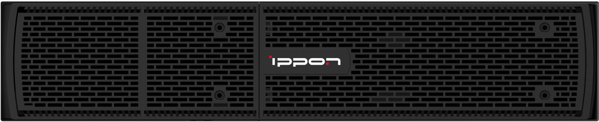 Фото-1 Батарейный модуль для ИБП Ippon Innova RTB 1000 36V: фронтальная панель; чёрная вентиляционная решётка с прямоугольными отверстиями, логотип ippon по центру, видны крепёжные отверстия. На белом фоне для распознавания лицевой панели и форм-фактора рэкового модуля на странице товара.