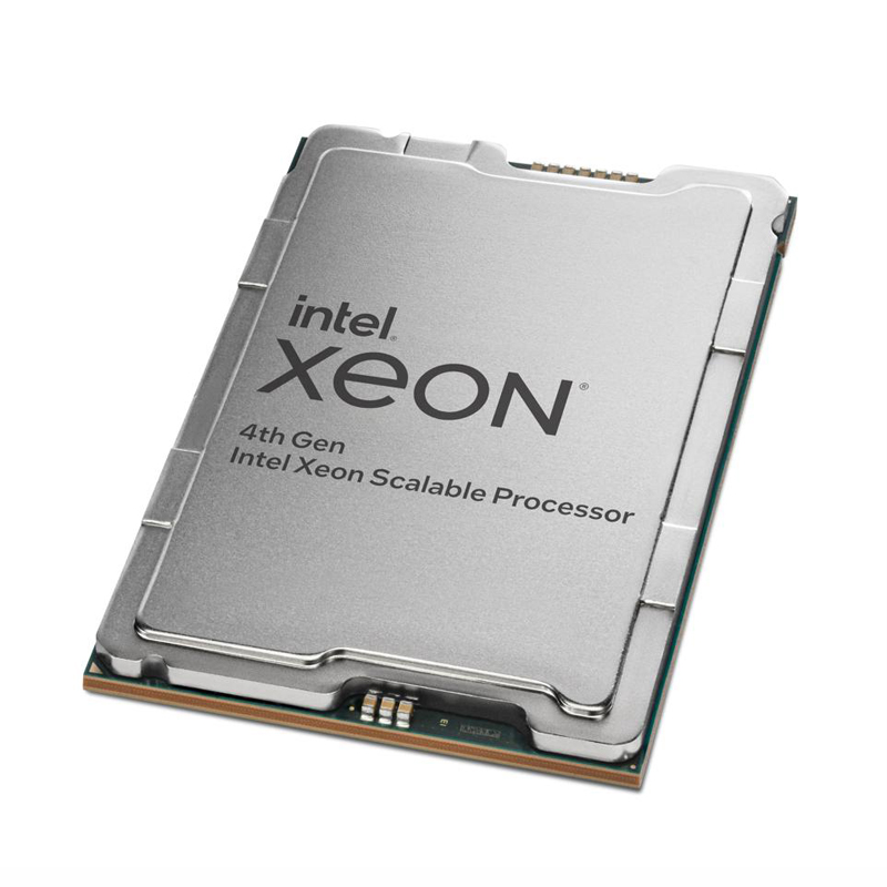 Фото-1 Процессор Dell Xeon Silver 4410Y, вид сверху под углом. На фото серебристая крышка с маркировкой Intel Xeon 4th Gen Intel Xeon Scalable Processor, зелёная подложка и нижние контактные элементы. Фото показывает OEM-процессор для страницы товара.