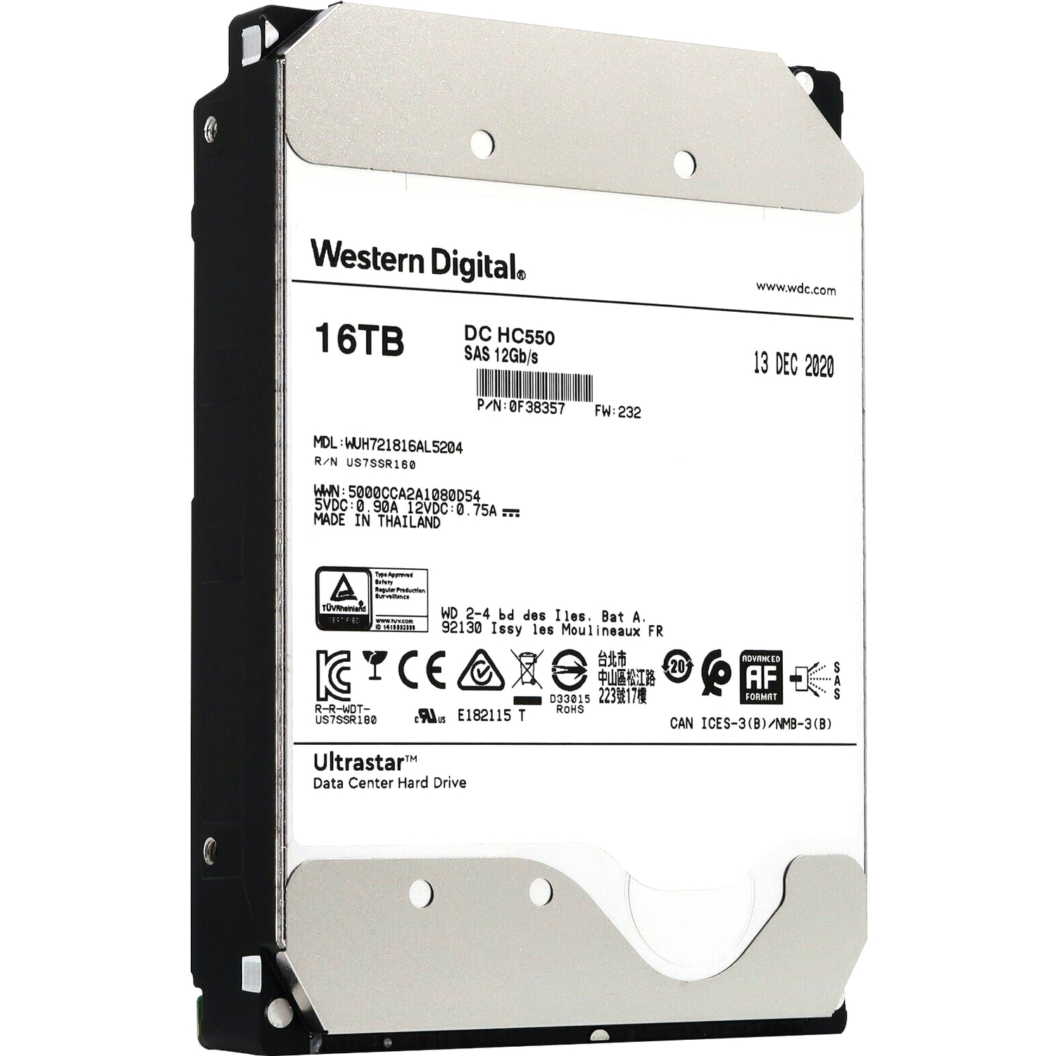 Фото-1 Жёсткий диск Western Digital Ultrastar DC HC550 WUH721816AL5204 &mdash; вид спереди под углом, белая этикетка с надписями DC HC550, SAS 12Gb/s и объёмом 16TB, чёрный корпус и серебристые торцы; важно для идентификации модели и интерфейса по маркировке.