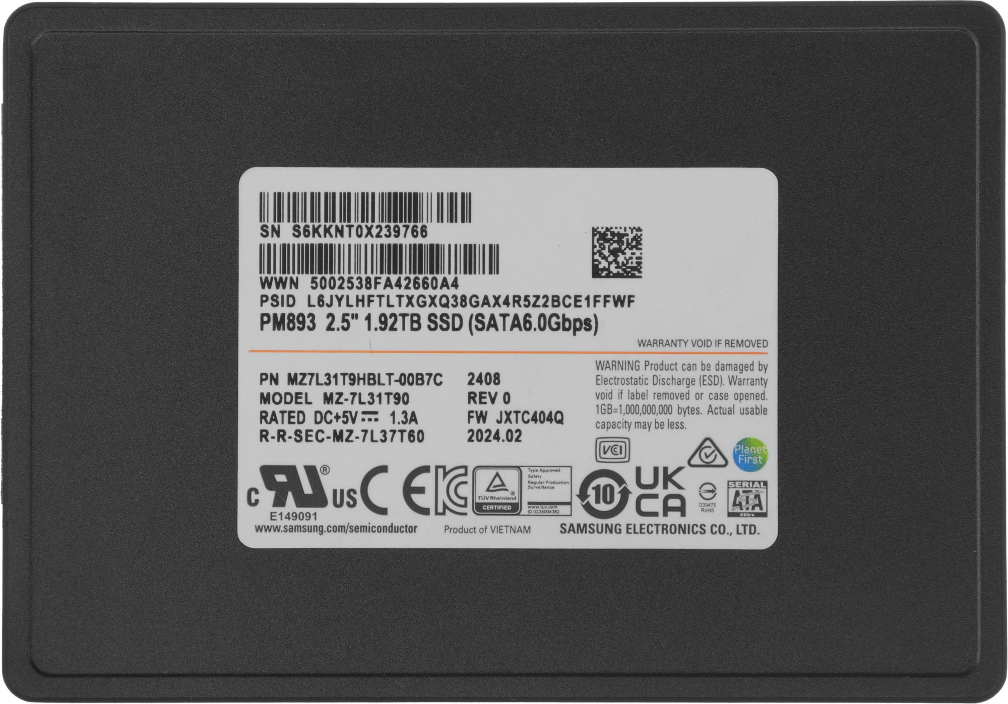 Диск SSD Samsung PM893 2.5" 1.92 ТБ SATA, MZ7L31T9HBLT-00B7C