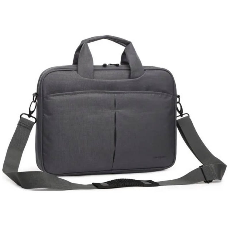 Фото-1 Сумка для ноутбука Continent CC-014 13,3, вид спереди; серый текстильный корпус с передним карманом и центральной складкой, верхние ручки, плечевой ремень на карабинах, логотип Continent справа внизу