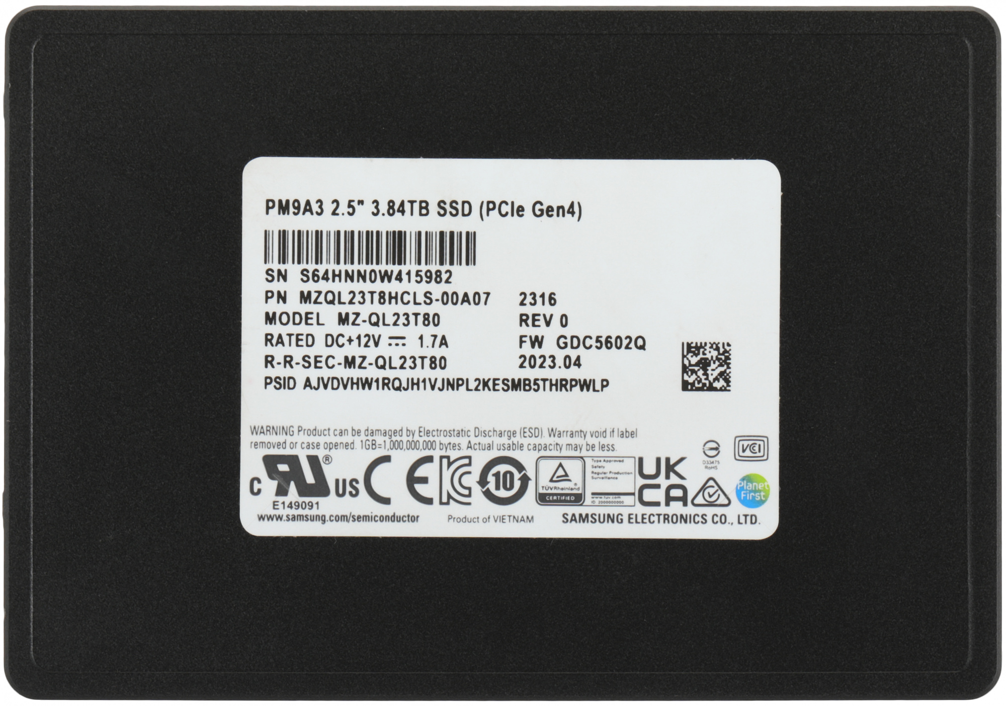 Диск SSD Samsung PM9A3 2.5" 3.84 ТБ PCIe 4.0 NVMe x4, MZQL23T8HCLS-00A07