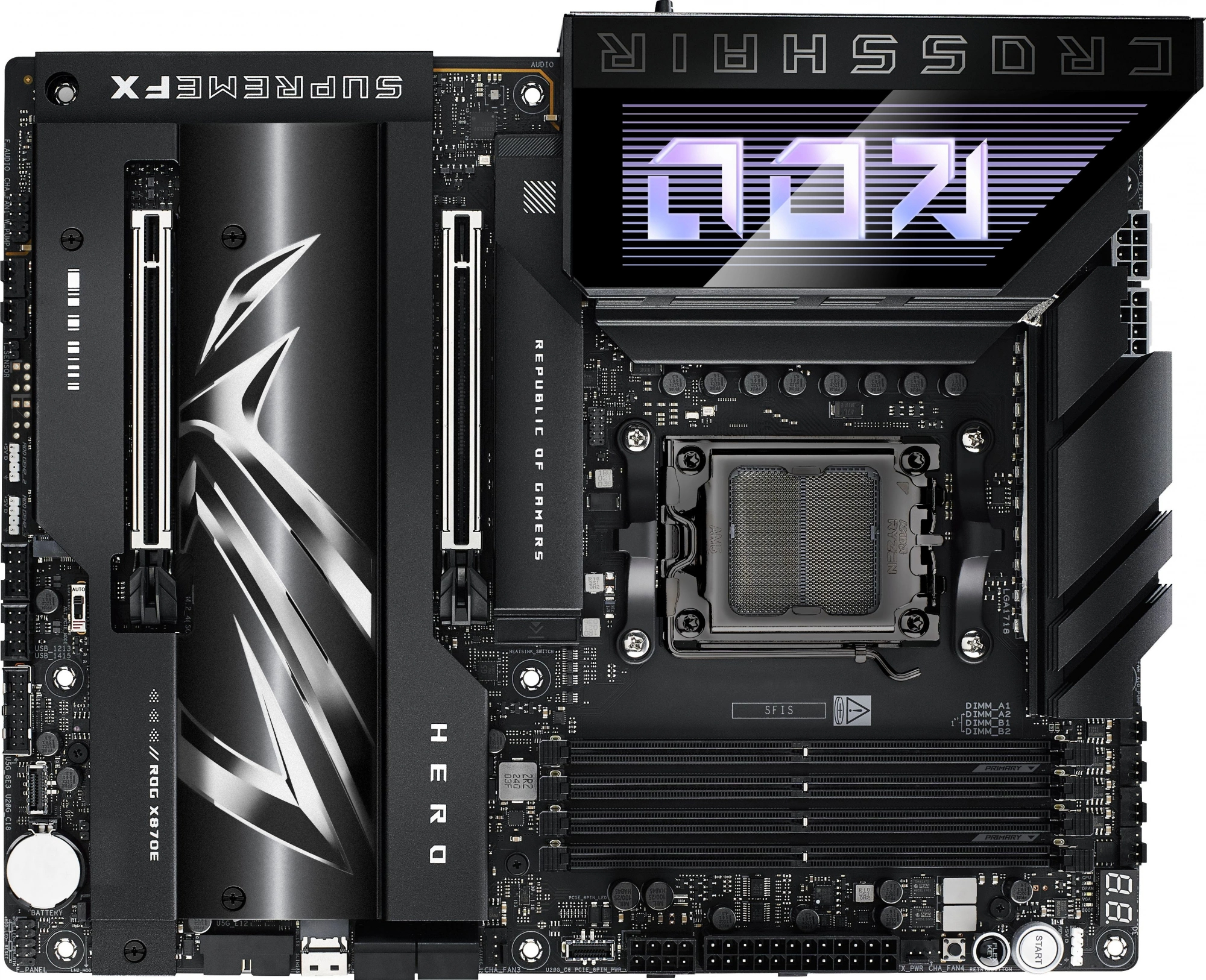 Фото-1 Материнская плата ASUS ROG Crosshair X870E Hero, фронтальный вид платы сверху: чёрная ATX-плата с четырьмя слотами памяти, крупными радиаторами, несколькими слотами M.2 под кожухами и встроенным дисплеем в зоне задней панели; изображение показывает компоновку и основные зоны охлаждения для страницы модели.