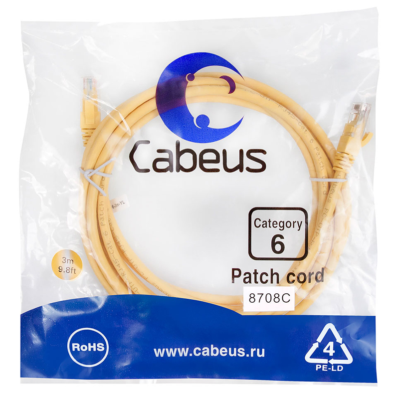 Патч-корд Cabeus UTP кат. 6 жёлтый 3 м, PC-UTP-RJ45-Cat.6-3m-YL