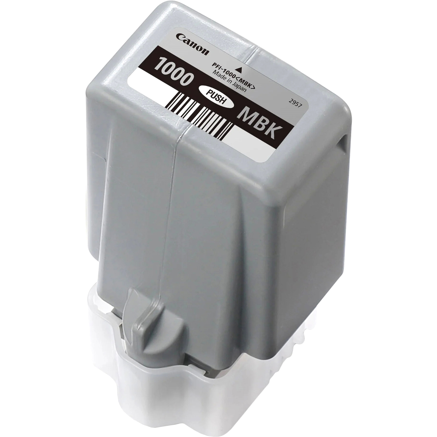 Фото-1 Картридж Canon PFI-1000 MBK, крупный план спереди-сверху; серый пластиковый корпус, чёрная верхняя наклейка 1000 MBK и кнопка PUSH, в прозрачном основании на белом фоне для страницы чернильного картриджа и проверки маркировки.