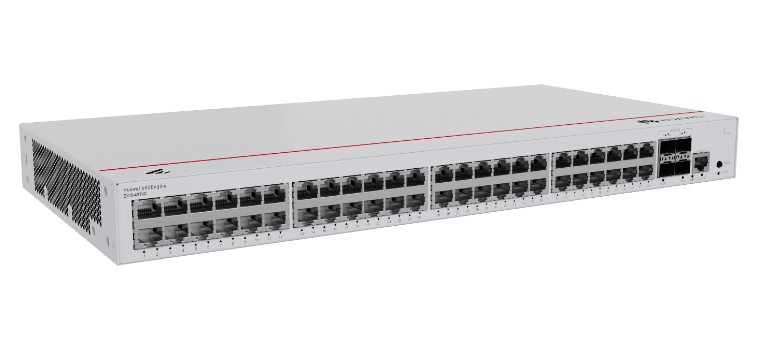 Фото-1 Коммутатор Huawei eKit S310-48T4X, вид спереди слева под углом; показаны белый металлический корпус, 48 портов RJ-45, 4 SFP+ справа, консольный и служебный порт, а также вентиляционная решётка слева; изображение показывает интерфейсы управляемого 52-портового коммутатора для страницы товара.