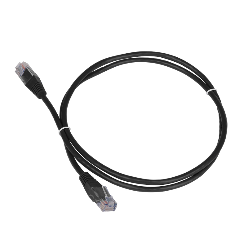 Фото-1 Патч-корд Lanmaster UTP Cat 5e TWT-45-45-2.0-BK, общий вид кабеля в бухте на светлом фоне; видны два коннектора RJ45 с заливными колпачками и прозрачными защёлками, круглая чёрная оболочка, длина 2 м; фото показывает внешний вид короткого сетевого кабеля для страницы товара.
