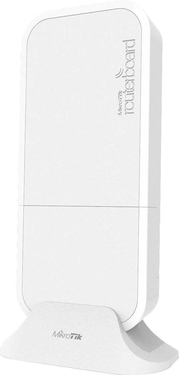 Фото-1 Беспроводной маршрутизатор MikroTik wAP LTE kit 2024 &mdash; вид спереди на подставке; белый корпус с тиснением MikroTik RouterBOARD; фото на белом фоне для карточки товара показывает внешний вид устройства.