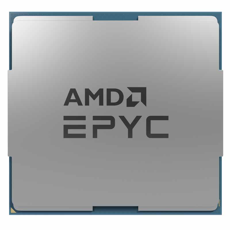Фото-1 Процессор AMD EPYC 9474F &mdash; вид сверху; серебристая крышка с надписью AMD EPYC, по краям синевато‑зелёная подложка и боковые вырезы; изображение на белом фоне показывает внешний вид серверного процессора для карточки товара.