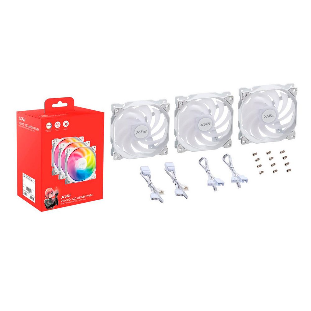 Фото-1 Корпусные вентиляторы XPG Vento 120 ARGB PWM Vento120ARGBPWM3C-WHCWW 120 мм 4-pin, комплект на одном фото: три белых вентилятора с изогнутыми лопастями, белые кабели и винты рядом с коробкой; фото важно для понимания состава набора и внешнего вида для сборки ПК.