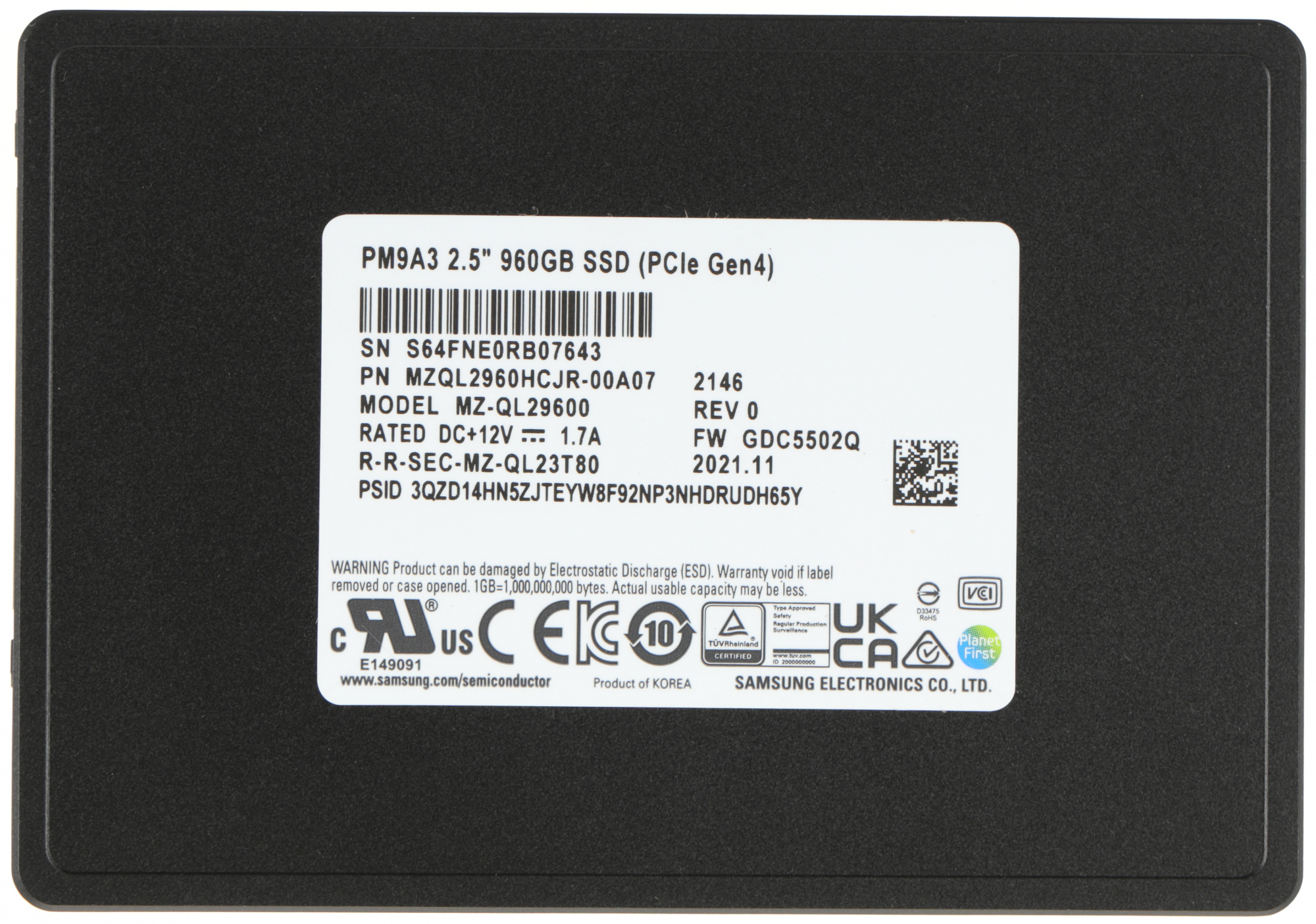 Диск SSD Samsung PM9A3 2.5" 960 ГБ PCIe 4.0 NVMe x4, MZQL2960HCJR-00A07