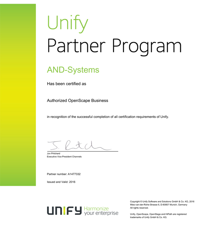АНД-Системс - сертифицированный партнер Unify