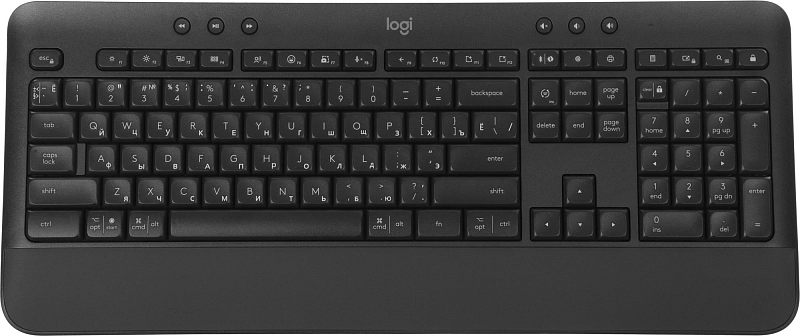 Фото-1 Мембранная клавиатура Logitech Signature K650, вид сверху; полноразмерная раскладка с цифровым блоком, встроенная широкая подставка для запястий, круглые мультимедийные кнопки сверху и чёрный корпус; изображение показывает общий внешний вид модели для карточки товара.