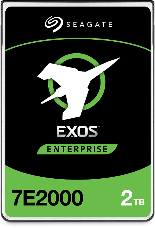 Фото-1 Жёсткий диск Seagate Exos Enterprise 7E2000 ST2000NX0273, фронтальный вид спереди; видна лицевая наклейка с логотипом Seagate, маркировкой Exos Enterprise и обозначением 2TB, корпус прямоугольный с серебристой рамкой и чёрно-зелёной этикеткой; изображение на нейтральном фоне для карточки товара, помогает быстро распознать серию и внешний вид лицевой стороны.