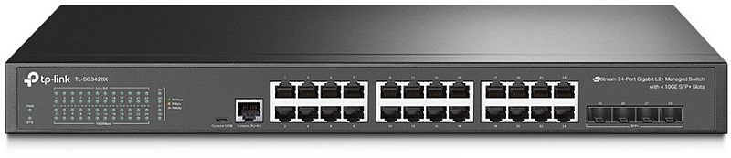 Фото-1 Коммутатор TP-Link SG3428X, вид спереди. На фото чёрный стоечный корпус с рядом индикаторов слева, 24 портами RJ45 по центру, отдельным консольным портом и 4 слотами SFP+ справа. Изображение показывает фронтальную панель и набор сетевых интерфейсов для страницы товара о управляемом коммутаторе.