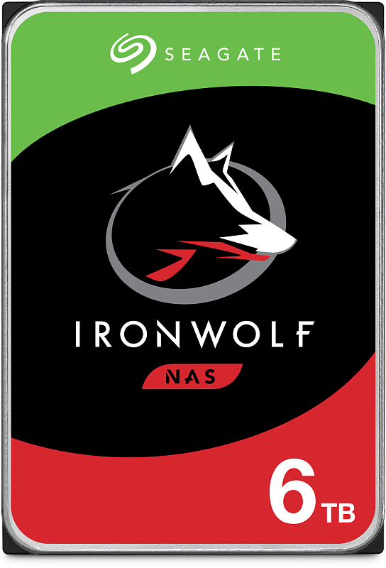 Фото-1 Жёсткий диск Seagate IronWolf ST6000VN001, вид сверху; металлический корпус с красно-белой этикеткой IronWolf и маркировкой 6TB показан для страницы HDD.