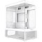 Фото-1 Корпус для ПК Powercase Vision Micro M2, вид под углом: белый корпус с прозрачными панелями спереди и сбоку, снизу перфорированная сетчатая вставка и логотип POWERCASE. Это важно, чтобы понять формат корпуса с обзором компонентов и нижней вентиляцией.