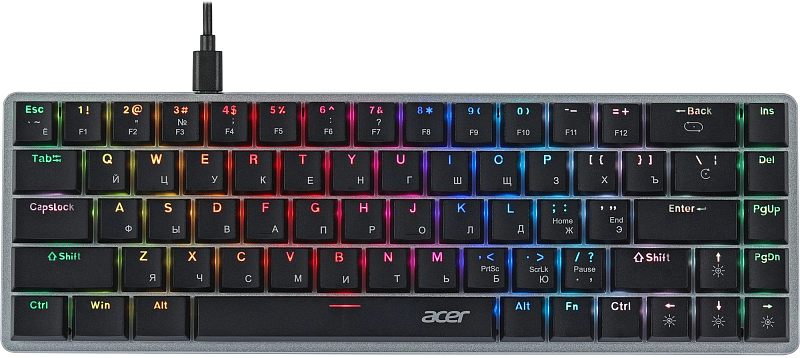 Фото-1 Клавиатура Acer ZL-KBDCC-01C, вид сверху; компактный чёрный корпус с серой рамкой, проводным кабелем, разноцветной подсветкой клавиш и дополнительным столбцом клавиш справа; предметная съёмка на светлом фоне для карточки товара, показывает раскладку и световые зоны.