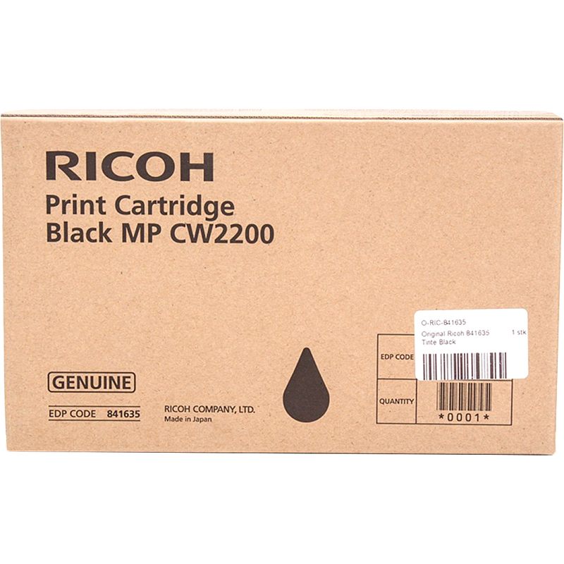 Фото-1 Струйный картридж Ricoh 841635, упаковка спереди; коричневая коробка Print Cartridge Black MP CW2200 с чёрной пиктограммой капли, штрихкодной этикеткой и маркировкой EDP code, изображение важно для страницы товара как читаемый вид модели и цвета.