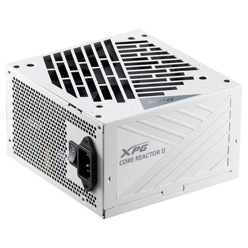 Фото-1 Блок питания для ПК XPG Core Reactor II 850W, вид под углом со стороны задней панели. На фото белый корпус, сверху решётка вентилятора с геометрическими прорезями, слева сотовая перфорация, видны разъём питания и выключатель. Изображение важно для страницы товара, потому что показывает корпус, вентиляцию и зону ввода питания.