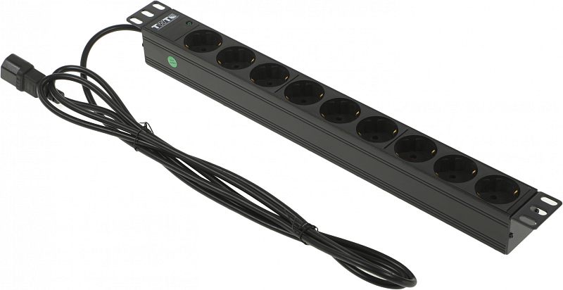 Фото-1 Блок розеток LANmaster TWT PDU19-10A9P4-3.0 1U, общий вид под углом: длинная планка с розетками Schuko и монтажными ушами, рядом уложен кабель питания; чёрный корпус, показывает комплектность кабелем и ориентацию для 19" стойки.