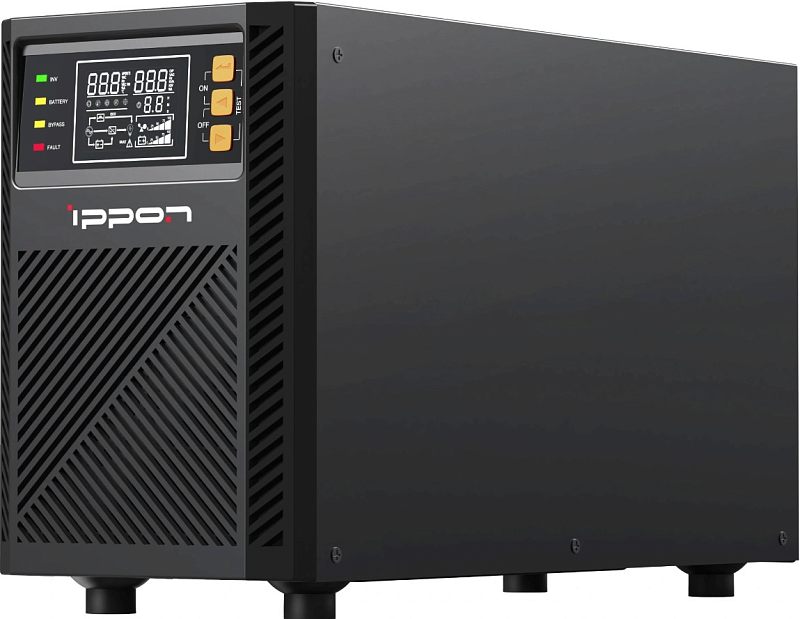 Фото-1 ИБП Ippon Innova TA 1000 VA Tower, вид спереди слева; на передней панели расположен LCD-дисплей, цветные индикаторы и три жёлтые кнопки управления, ниже диагональная вентиляционная решётка; чёрный корпус на ножках, студийное фото на светлом фоне, полезно для страницы товара как общий вид устройства.