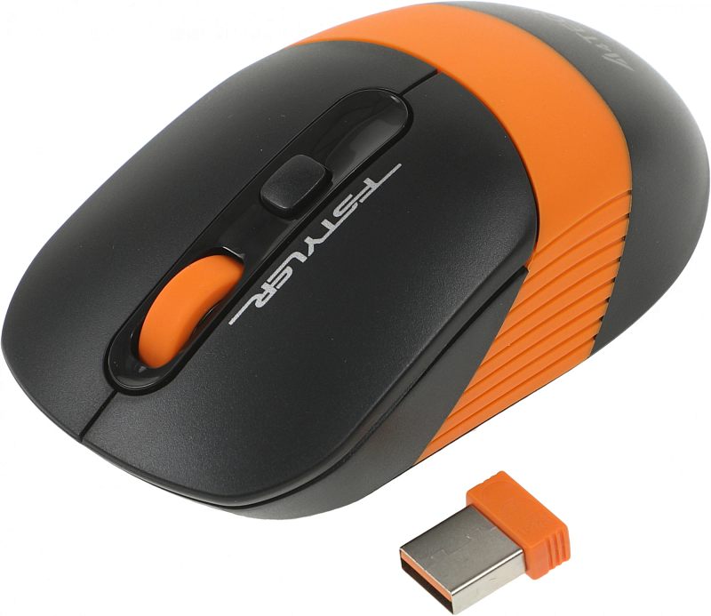 Фото-1 Беспроводная мышь A4Tech FG10S, вид сверху рядом с USB-ресивером; чёрный корпус с оранжевой центральной вставкой и оранжевым колесом, под колесом расположена кнопка переключения, рядом лежит нано-ресивер; фото показывает комплект и цвет модели на странице товара.