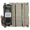 Фото-2 Система охлаждения Supermicro Heatsink 2U LGA2011/LGA2011-v3 SNK-P0048AP4, вид сбоку; видны боковая поверхность радиатора с тонкими металлическими пластинами, наклейка направления воздушного потока на вентиляторе и жгут цветных проводов; фото важно для страницы товара, чтобы показать профиль радиатора и ориентацию обдува.