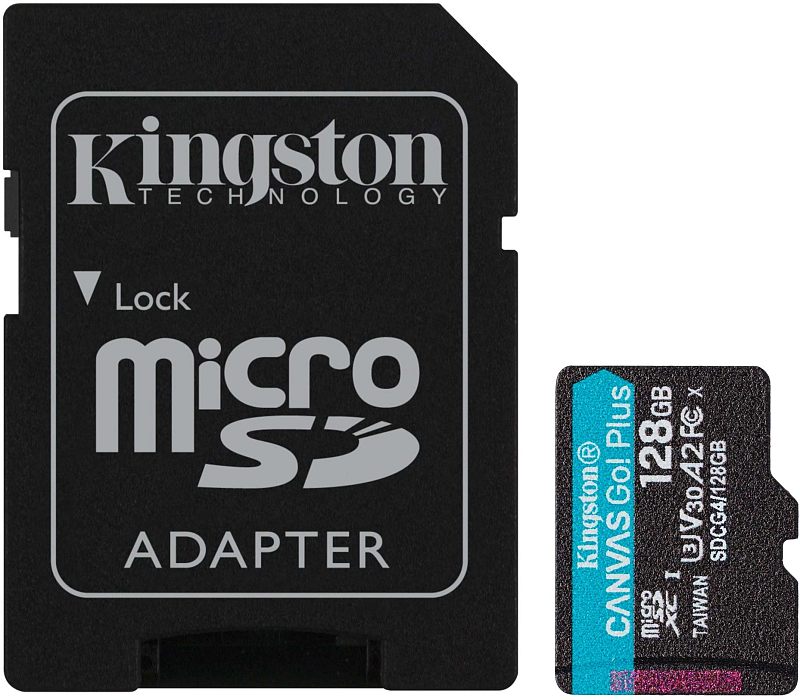 Фото-1 Карта памяти microSDXC Kingston Canvas Go! Plus 128GB — комплект на белом фоне: чёрный SD‑адаптер microSD Adapter и microSD с бирюзовой этикеткой Canvas Go! Plus, маркировки 128GB, V30 и A2; важно для понимания совместимости и наличия адаптера