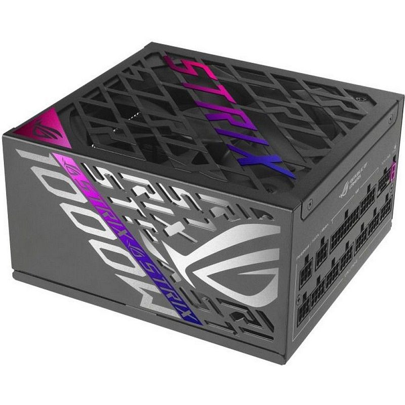 Фото-1 Блок питания для ПК ASUS ROG Strix 1000W, вид под углом со стороны модульной панели. На фото чёрный корпус с декоративной верхней решёткой, диагональной цветной вставкой STRIX и модульными разъёмами на торце. Изображение важно для страницы товара, так как показывает дизайн корпуса и интерфейсы подключения.