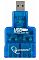 Фото-3 USB-хаб Gembird UHB-CN224 — фронтальный вид: встроенный USB-A штекер сверху, на лицевой стороне надпись USB и световые индикаторы, снизу четыре гнезда USB-A; полупрозрачный синий; важно для понимания ориентации разъёмов при подключении к ПК/ноутбуку.