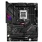 Фото-2 Материнская плата ASUS ROG Strix B650E‑E Gaming WiFi &mdash; вид сверху на плату; чёрная PCB, сокет AM5, четыре слота памяти и несколько зон M.2 под крупными радиаторами, на кожухе I/O видна цветная вставка; важно для оценки компоновки и размещения накопителей.