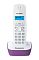 Фото-2 DECT-телефон Panasonic KX‑TG1611RU: фронтальный кадр трубки на базе-зарядке; белая трубка, синий экран, блок клавиш под дисплеем и цифровая клавиатура, фиолетовая база с логотипом; белый фон, чтобы сравнить дизайн телефона на странице товара.