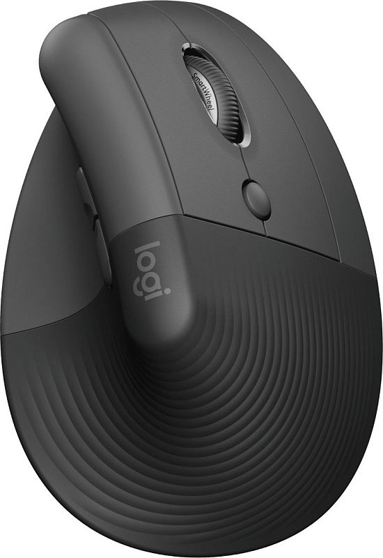 Фото-1 Беспроводная мышь Logitech Lift, вид спереди справа; серый вертикальный корпус с рифлёной боковой поверхностью, колесом SmartWheel и кнопкой сверху; изображение на белом фоне, важно для страницы товара как показывает эргономичную форму и основные элементы управления.