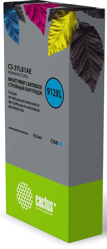 Фото-1 Струйный картридж Cactus CS-3YL81AE, голубой, 10,5 мл — коробка в ракурсе спереди-слева; видны код 912XL, маркировка Cyan, серый корпус упаковки и зелёная нижняя плашка с логотипом; фото показывает боковой ракурс розничной упаковки товара.