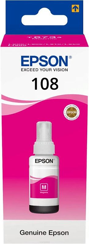 Фото-1 Чернила Epson 108 C13T09C34A, пурпурные 70 мл, фронтальный вид коробки: бело-розовая упаковка с номером серии 108, изображением флакона и маркировкой Magenta; фото показывает фирменную упаковку для страницы товара о струйных чернилах.