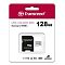 Фото-2 Карта памяти Transcend microSDXC UHS‑I 300S 128GB TS128GUSD300S-A, фронтальный вид упаковки; бело‑бордовая подложка с окном, внутри адаптер и microSD‑карта; помогает сопоставить товар с указанным комплектом.