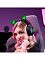 Фото-8 Наушники Razer Kraken Kitty V2 BT, чёрная гарнитура на человеке, крупный план; видны подсвеченные ушки на оголовье, круглая чашка с логотипом Razer и посадка на голове в игровом кресле; фото важно для страницы товара, потому что показывает гарнитуру в контексте использования.