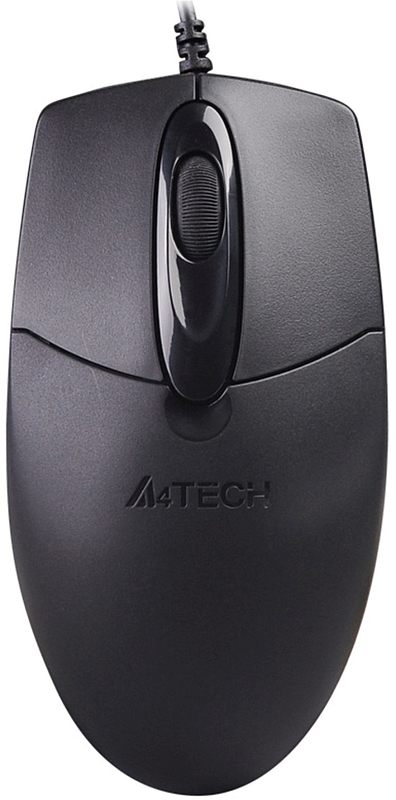 Фото-1 Проводная мышь A4Tech OP-720S, чёрный, вид сверху; на фото видны симметричные кнопки, центральное колесо прокрутки, широкая фактурная вставка между кнопками и логотип A4TECH на спинке; на белом фоне для страницы товара, чтобы показать компоновку верхней панели.
