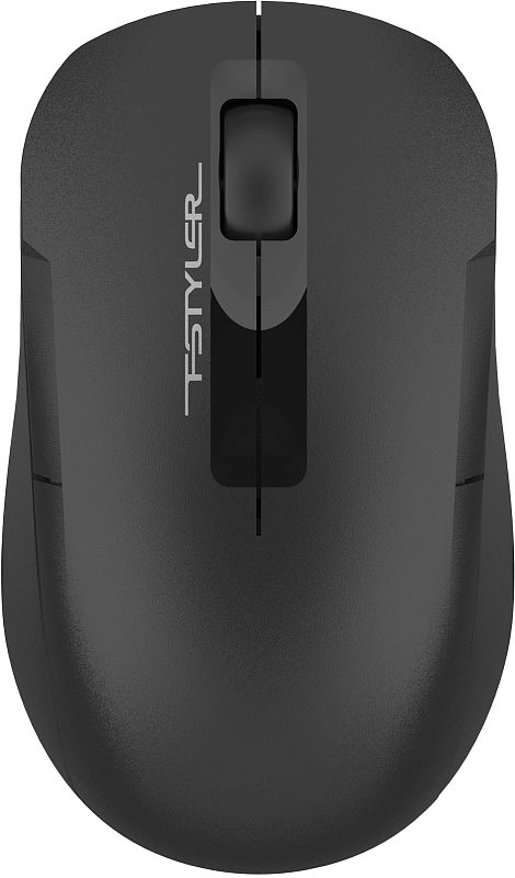 Фото-1 Беспроводная мышь A4Tech FG15C Air2 Black, вид сверху; на фото чёрный корпус с матовой текстурой, колесо прокрутки и вертикальная надпись FSTYLER на центральной вставке, изображение показывает основной внешний вид модели для карточки товара.