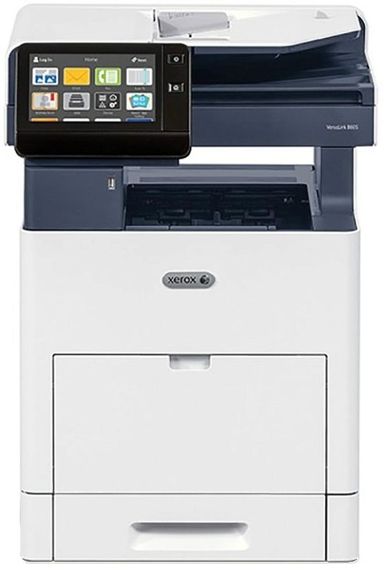 Фото-1 МФУ Xerox VersaLink B605, фронтальный вид; белый корпус с тёмно-синим верхним модулем, слева крупный цветной сенсорный экран с иконками, сверху автоподатчик документов; на белом фоне для карточки товара, чтобы показать интерфейс экрана и верхний блок сканирования.