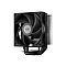 Фото-2 Кулер для процессора PCCooler RT400 BK, ракурс спереди-сбоку: вентилятор и боковая часть радиатора с плотными алюминиевыми рёбрами; видны крепёжная скоба и пружинные винты у основания; чёрный цвет, чтобы понять габариты и форму радиатора.