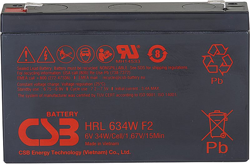 Фото-1 Аккумулятор для ИБП CSB HRL 634W F2 FR, вид под углом; вытянутый чёрный корпус с наклейкой HRL 634W, сверху клеммы; фото на белом фоне, показывает форму корпуса и расположение контактов.